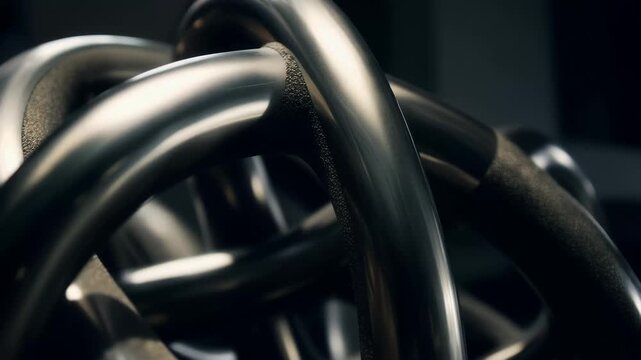 Close-up of interlocking metallic rings with smooth, reflective surfaces, showcasing intricate design, industrial elegance, and modern structure, 