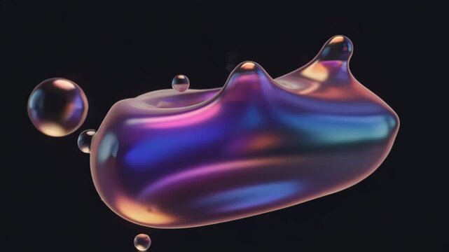 Iridescent fluid shapeshifting on black background. Abstract holographic liquid changing form with bubbles for motion design.