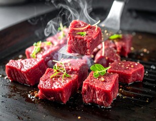 Sizzling red meat cubes are placed on a hot black grill, decorated with green sprigs and producing steam