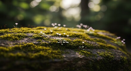 Fototapeta premium Sunlit Moss & Tiny Blooms: Forest Floor Serenity