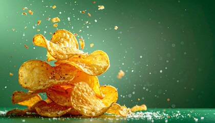 Potato chips falling against green background with salt and crumb particles. Crispy golden snack food captured in dynamic motion. Banner with copy space for snack advertisement and food packaging fat