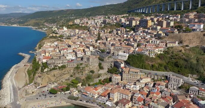 Aerial view of the city of Pizzo Calabro, located on the Coast of the Gods, in the province of Vibo Valentia, Calabria, Southern Italy. The town's historic center overlooks the Mediterranean Sea.