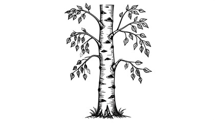 Sketch of a birch tree with leaves and branches. Black lines