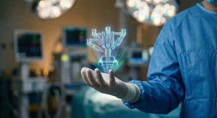 Futuristic Surgeon Hand Holding Holographic Robotic Surgical Arm Model