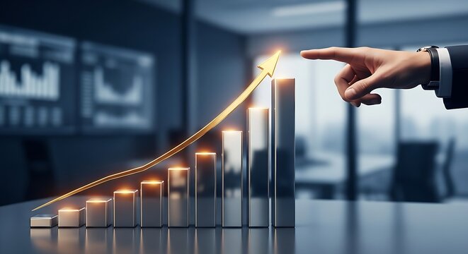Hand pointing to a rising bar graph with glowing bars in a modern office environment from a side viewpoint