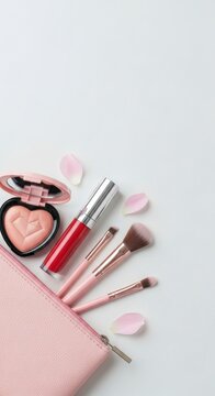 Pink makeup brushes and cosmetics arranged.