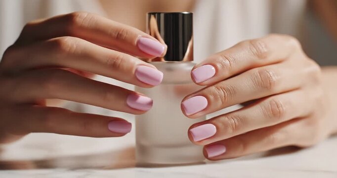 Elegant hands applying nail polish to a glass bottle on a marble surface in a serene setting