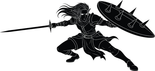 Silhouette fierce female warrior with sword and spiked shield in dynamic combat pose dark fantasy illustration isolated on white background © Art_By_Aktarina