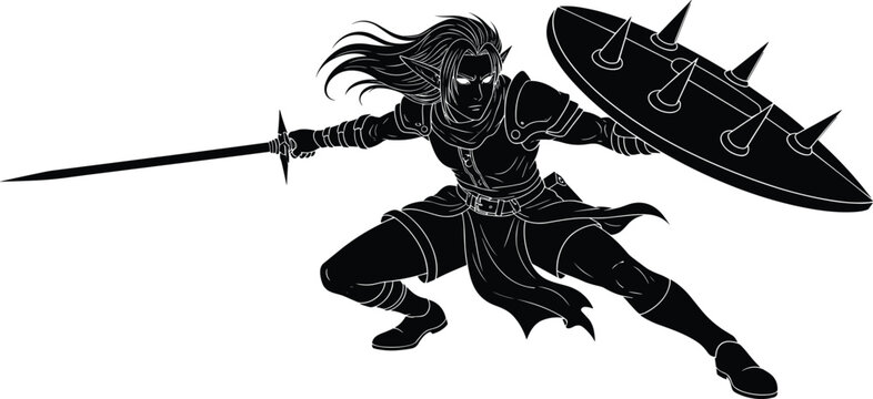 Silhouette fierce female warrior with sword and spiked shield in dynamic combat pose dark fantasy illustration isolated on white background
