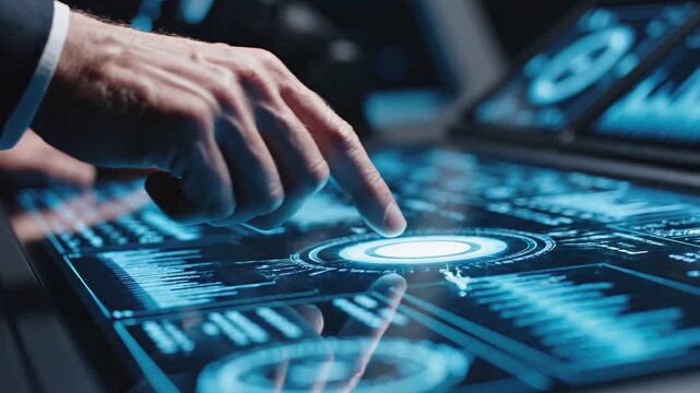 Strategic planning vision evaluation concept. Person interacting with futuristic digital touchscreen interface with holograms.