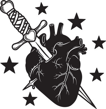 Black anatomical heart pierced by a dagger with a crown and heart hilt surrounded by black stars also transparent background