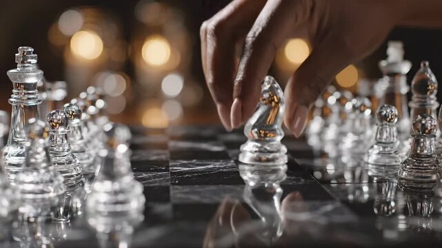 Strategic planning vision evaluation concept. Hand moving a glass knight chess piece on a reflective chessboard with bokeh lights.