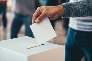 Person casts vote by placing envelope into ballot box during election at local voting station