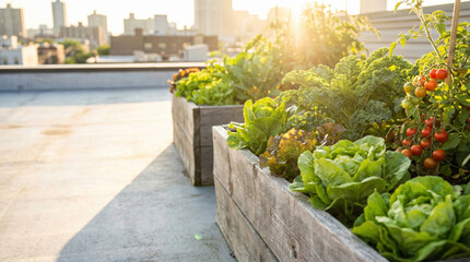 Urban rooftop vegetable garden with city skyline background.