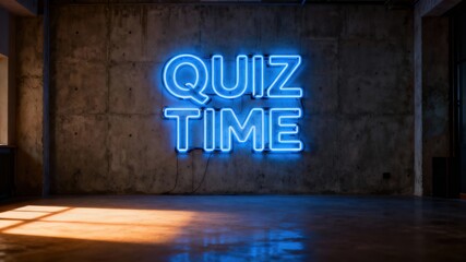 Vibrant neon sign reading 'Quiz Time' against a rustic concrete wall, ideal for trivia night promotions, fun events, or educational gatherings in modern settings