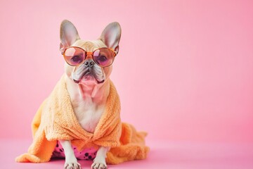 Stylish dog in trendy glasses sits on pink background with cozy towel during pet photoshoot in bright setting