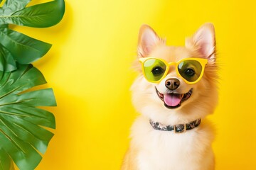 Stylish dog wearing yellow sunglasses poses against a bright yellow backdrop with tropical leaves for pet influencer content