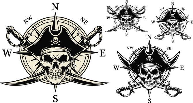 Vector illustration of a pirate skull wearing a tricorn hat with crossed cutlass swords and a vintage compass rose, isolated on a transparent background.