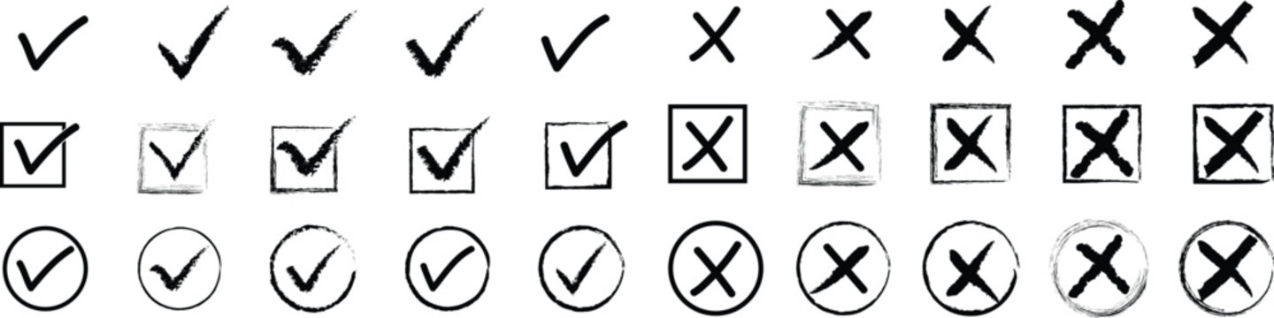 Checkmarks and crosses symbols in various boxes and shapes