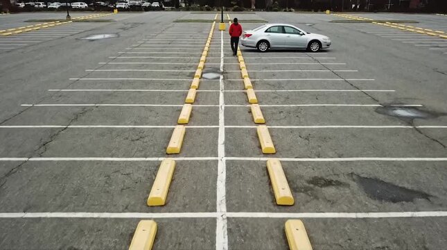 Lone figure walking through a vast, empty parking lot towards a parked car, featuring yellow parking blocks