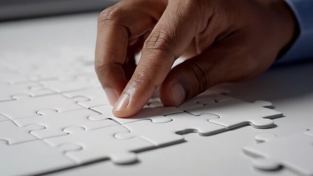 Strategic planning vision evaluation concept. Hand placing the final piece in a white jigsaw puzzle on a flat surface.