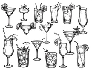 Sketched collection assorted cocktails in glasses, with straws, ice, and citrus garnishes on a white backdrop