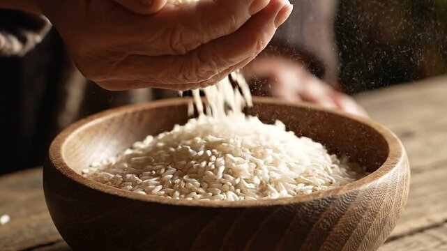 Strategic planning vision evaluation concept. Hand holding white rice grains over a wooden bowl in warm lighting.