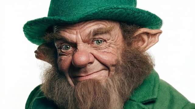 Close up portrait of mischievous leprechaun in green hat smiling at camera on clean white background for Saint Patrick celebration fantasy folklore character concept