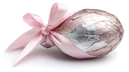 Luxury silver Easter egg wrapped with satin blue ribbon isolated on white background