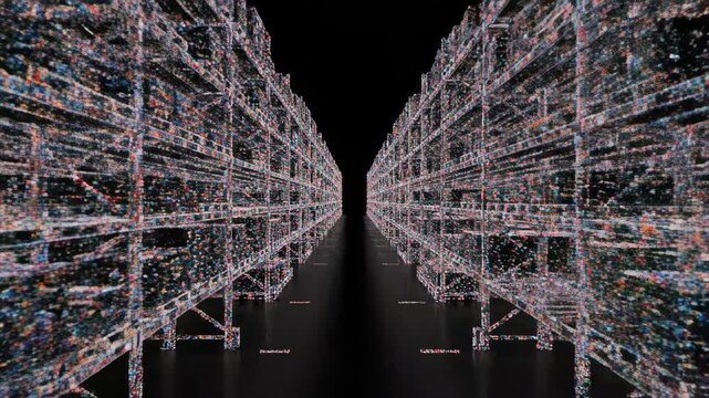 3D LiDAR Point Cloud Visualization of Modern Warehouse Aisle Wide View Digital Twin Technology