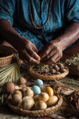 Artisan crafting traditional handmade basket with dried botanicals and painted eggs