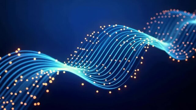 Data stream flowing through a network of light particles to represent digital connectivity set against a solid dark blue background.