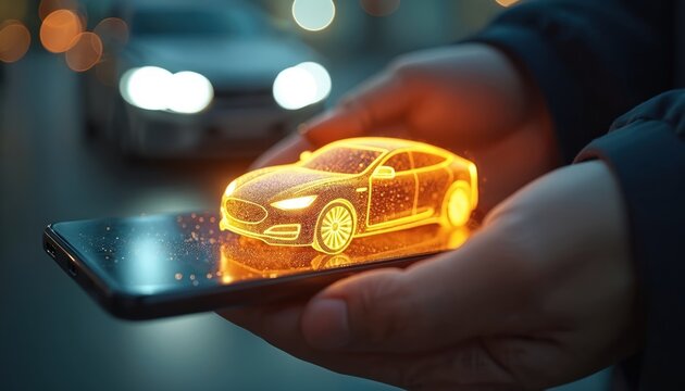 Person holds phone showing glowing car hologram. Futuristic auto concept displayed on screen. Technology advances car design and virtual interface for drivers.