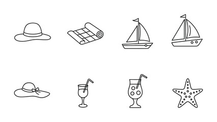 Fototapeta premium Summer essentials icons : A collection of summer icons, a line drawing style to evoke a sense of carefree summer. 