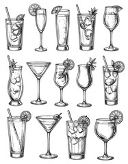 Sketchy illustration of various cocktails and mixed drinks, garnished with citrus and served in different glass types