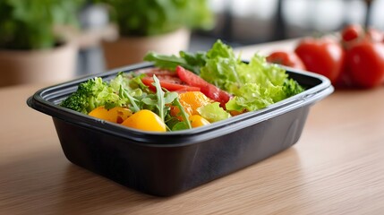 Fresh and colorful vegetable salad in a black disposable container on a wooden table ready for a healthy meal