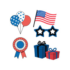 Patriotic with balloons flag star shaped sunglasses gifts and rosette patriotic balloons american flag vector illustration isolated on white background.