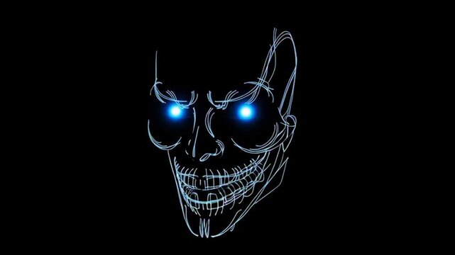 Scary Glowing Blue Devil Face Mask Abstract Wireframe Animation on Black Background