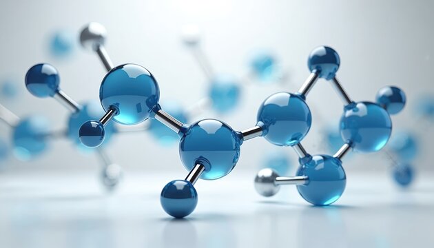 3D render molecular structure with blue glass spheres linked by silver rods. Scientific atoms form complex organic compounds. Researching chemical bonds on gray background.