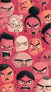 Animated illustration of a diverse crowd of angry people shouting with furious facial expressions in red tones