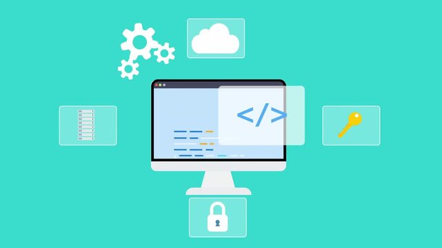 Animated computer monitor displaying programming interface surrounded by cloud computing, security, and workflow icons, representing software development infrastructure and cybersecurity systems.
