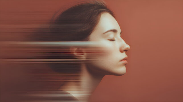 Woman experiencing speed and motion in conceptual portrait