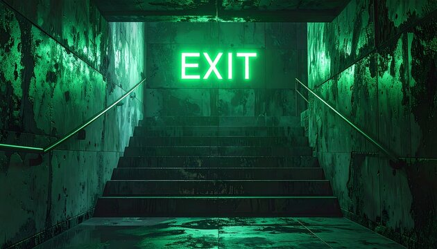 A dimly lit staircase with a bright green exit sign at the top, surrounded by dark walls and railings, conveying a sense of urgency and mystery in a gloomy atmosphere.