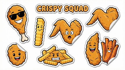 Crispy fried chicken and fries cartoon stickers with funny faces and expressions creating playful and delicious food squad design
