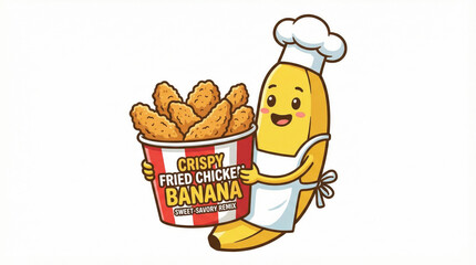 Crispy fried chicken pieces served in bucket held by happy cartoon banana chef wearing white apron and hat