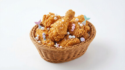 Crispy fried chicken pieces in woven basket decorated with small pearls and pastel sea themed ornaments creating playful look