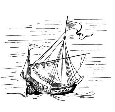 Pen and ink illustration of a sailboat illustrated in a vintage line art style, engraving ship art with clear isolated background 