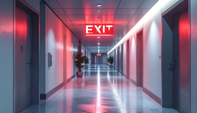 Long shot of a dimly lit corridor with exit sign and elevators in a building with a futuristic ambiance and red glow.