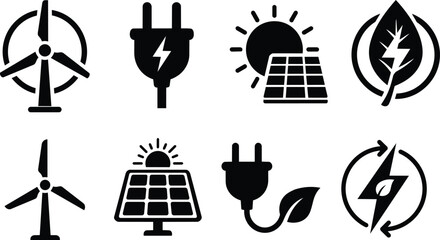 Green renewable energy vector icon set with wind turbines, solar panels, electric plug, lightning bolt and eco leaf symbols for clean power and sustainable technology projects © Pixora
