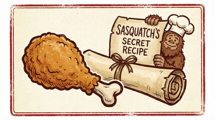 Crispy fried chicken drumstick with cartoon sasquatch chef holding secret recipe scroll in vintage style illustration